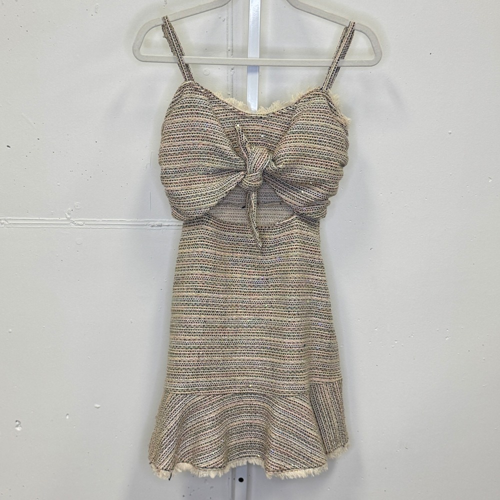 Storia Multi Color Tweed Tie Front Cutout Mini Dress Small SD1649 Sequins Fringe